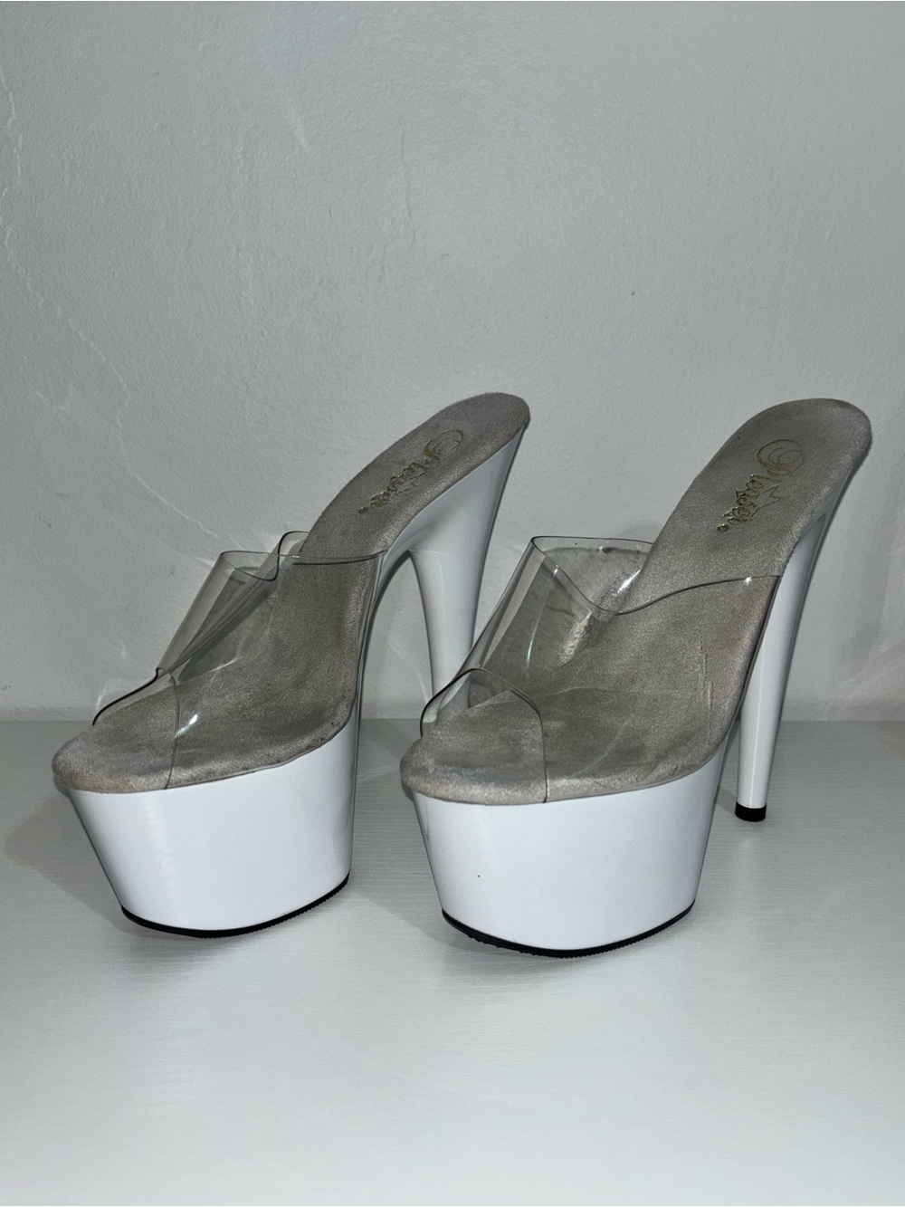 Pleaser White Platform Clear-Strap Stiletto Mules